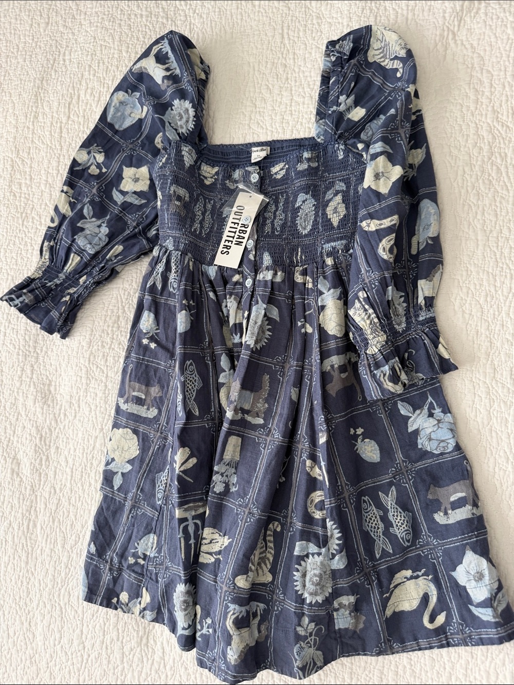 Urban Outfitters Navy Blue Floral & Animal Print Smocked Dress